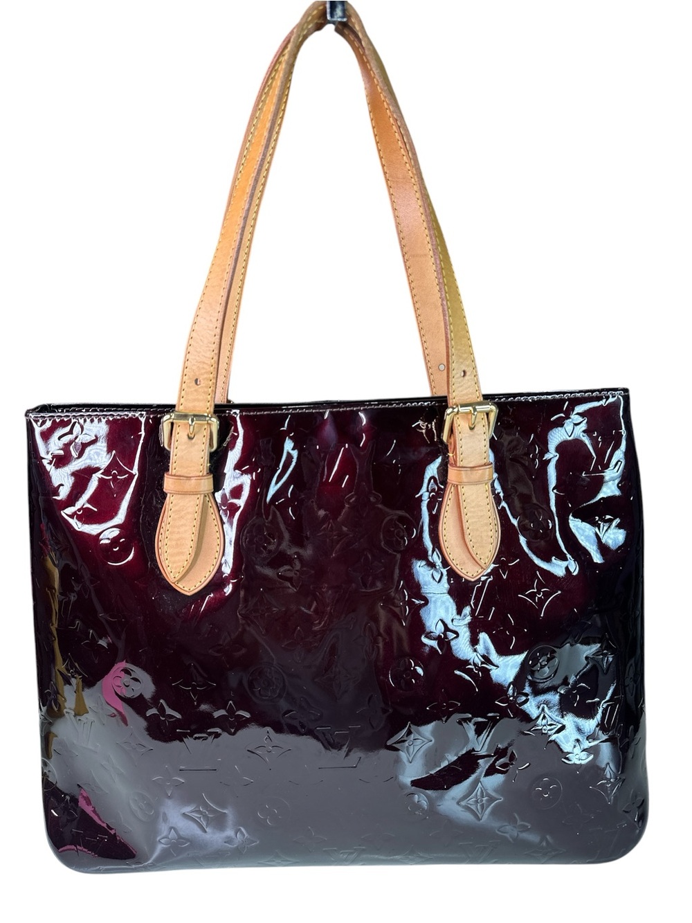 Louis vuitton Patent Leather Tote Bag in Deep Bordeaux with Tan Handles